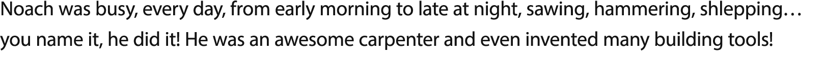 Noach was busy, every day, from early morning to late at night, sawing, hammering, shlepping  you name it, he did it    
