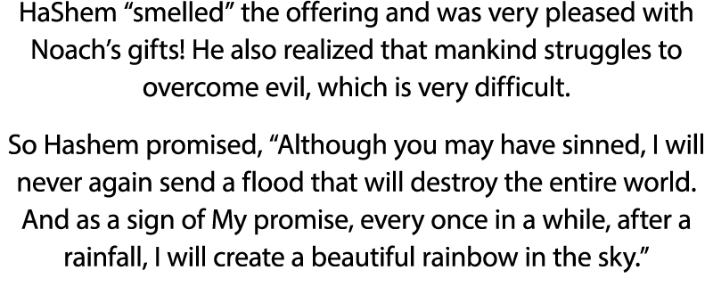HaShem  smelled  the offering and was very pleased with Noach s gifts  He also realized that mankind struggles to ove   