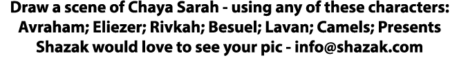 Draw a scene of Chaya Sarah - using any of these characters: Avraham; Eliezer; Rivkah; Besuel; Lavan; Camels; Present   